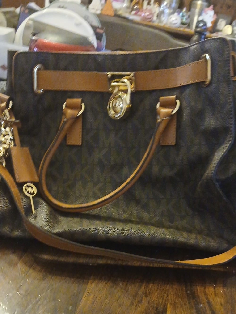 Michael Kors Black Logo Tote with Brown Trim and Gold Hardware